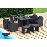 Azur - salon de jardin encastrable 8 places - en r�sine tress�e - noir avec coussins gris - housse incluse ...