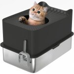 Bac � liti�re pour chat - pawhut - en acier inoxydable - 85l grande capacit� - semi - ferm�e - avec pelle ...