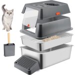 Bac a litiere - woodours - bac litire inox avec couvercle + tamis anti - adhrent gris fonc