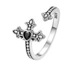 Bague croix gothique c?ur en argent 925 ? r�glable pierre noire style rock unisexe