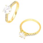 Bague - femme - solitaire - cristal - rond - blanc - plaqu� or jaune 750 / 1000 - 3 microns - 56 58