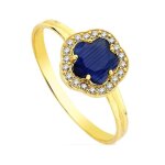 Bague en or 9 carats avec t�te en forme de fleur et zircon cubique bleu largeur maximale de la t�te 9 ...