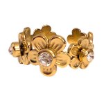 Bague r�glable fleurs en acier dor� et pierres transparentes