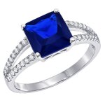 Bague solitaire femme en argent 925 rhodi� et oxyde de zirconium bleu ? pierre carr�e 8x8mm ? serti de ...