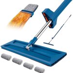 Balai serpillre avec fonction dessorage intgre rotation  360 et 4 tampons en microfibre (bleu)