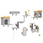 Balconera lot 7 murs escalade chat - peluche robuste tours jeu maison hamac & boule gris clair jaune