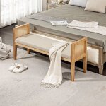 Banc bout de lit bout de lit - accoudoirs rotin + cadre bois - 120×38×615 cm - tissu beige Banc bout de lit bout de lit - accoudoirs rotin + cadre bois - 120×38×615 cm - tissu beige