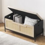 Banc coffre de rangement en rotin - décor bois - 100x40x46cm - noir - tissu - vintage Banc coffre de rangement en rotin - décor bois - 100x40x46cm - noir - tissu - vintage