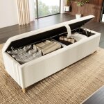 Banc coffre rembourr� 145x38x46cm - velours c�tel� - beige