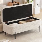 Banc de lit 120 cm avec coffre de rangement ? bout de lit rembourr� en tissu bouclette blanc style moderne ...