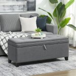 Banc de rangement 112l banquette bout de lit en tissu de lin si�ge capitonn� 120 x 40 x 48 cm gris fonc� ...