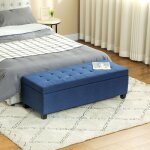 Banc de rangement 945l banquette bout de lit en tissu aspect lin et pieds en bois 125 x 49 x 415 cm bleu ...