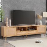 Banc tv 200cm en rotin et bois massif meuble de rangement style boh�me chic 2 portes 2 niches ouvertes ...