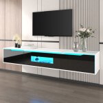 Banc tv meuble tv suspendu moderne avec �clairage led haut brillant noir et bois 180 x 35 x 30 cm