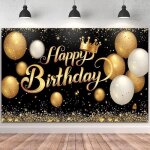 Banderole danniversaire avec inscription  happy birthday  - grand poster noir et dor - toile de fond ...