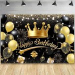 Banderole joyeux anniversaire d�coration f�te en noir or toile de fond banni�re th�me couronne joyeux ...