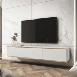 Banff tv175 ? meuble tv front lisse blanc / ch�ne artisan largeur 175 cm hauteur 30 cm profondeur 32 ...