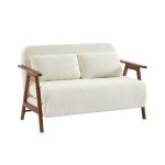 Banquette canap convertible 2 places bois dhva teint noyer clair et bouclette texture blanche l ...