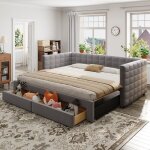 Banquette - lit 3 - en - 1 extensible 90  180x190cm canap - lit avec 2 tiroirs de rangement tissu coton ...