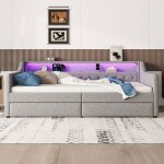 Banquette - lit 90x200 cm 2 tiroirs sommier lattes clairage led + usb tlcommande tissu gris - sans ...