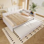 Banquette - lit double 140x190cm - led charge usb - c 2 tiroirs tte de lit rangement - tissu lin beige ...