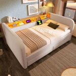 Banquette - lit double 140x190cm - led charge usb - c 2 tiroirs tte de lit rangement - tissu lin beige ...