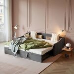 Banquette - lit extensible 90 � 180x200 en velours gris se transforme en lit double canap� - lit 2 places ...