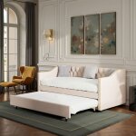 Banquette lit gigogne 90x200 en tissu lin canap - lit capitonn beige lit dappoint 2 personnes sommiers ...