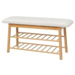 Banquette tabouret en bois de bambou coloris naturel et tissu blanc - longueur 91 x profondeur 30 x hauteur ... Banquette tabouret en bois de bambou coloris naturel et tissu blanc - longueur 91 x profondeur 30 x hauteur ...