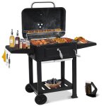 Barbecue charbon de bois avec couvercle chariot avec thermomtre bac  charbon rglable 2 tablettes brosse ...