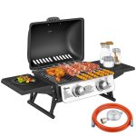 Barbecue gaz de table transportable - outsunny - 2 br�leurs 56 kw - avec tables lat�rales couvercle thermom�tr ...