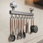 Barre de cuisine ustensile sans perage avec ventouse 8 crochets 40 cm barre amovible en acier inoxydable ...
