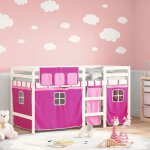 Lit mezzanine enfant - byj - 80x200cm - bois de pin massif - rideaux roses - 1 place