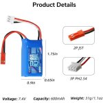 Batterie lipo 74?v 600?mah 15c 2s avec connecteur jst 2 broches ? compatible a560 su27 rc4gs v3 rc6gs ...