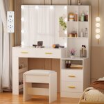 Bewishome coiffeuse avec tabouret et led miroir 4 tiroirs de rangement 2 prises et port usb adulte et ... Bewishome coiffeuse avec tabouret et led miroir 4 tiroirs de rangement 2 prises et port usb adulte et ...