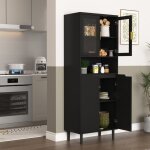 Biblioth�que haute 4 portes verre tremp� - mdf laqu� noir - plateau r�glable - rangement salon / chambre ...