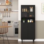 Biblioth�que haute avec porte en verre tremp� et plaque r�glable 4 portes armoire en mdf peint noir rangement ...