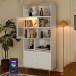 Bibliothèque multifonction 78x36x180 cm avec barre lumineuse portes vitrées 2 tiroirs silencieux - rangement ... Bibliothèque multifonction 78x36x180 cm avec barre lumineuse portes vitrées 2 tiroirs silencieux - rangement ...
