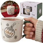 Blanche tasse en porcelaine avec anse et motif boule de no�l ? emball�e dans une bo�te cadeau 320 ml