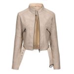 Blouson femme simili cuir avec ceinture veste zippee courte moto col montant regular fit pour printemps ...