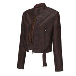 Blouson femme simili cuir avec ceinture veste zippee courte moto col montant regular fit pour printemps ...
