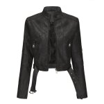 Blouson femme simili cuir avec ceinture veste zippee courte moto col montant regular fit pour printemps ...