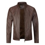 Allthemen blouson homme en cuir bomber moto zipp casual veste cool marron