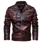 Blouson de moto cuir homme peluche blouson de moto bomber - veste pu de sport automne hiver - rouge fonc� ...