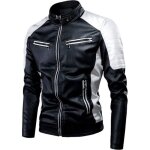Blouson moto en cuir pu vintage pour hommes - noir - g�om�trique - r�gulier