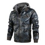 Blouson en similicuir homme camouflage a capuche - bleu