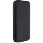 Bmw signature leather wordmark bookcase for iphone 16 pro 6. 3 black - bmbkp16l23rmrlk