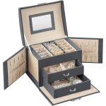 Bo�te � bijoux 3 niveaux �crin � accessoires coffre avec poign�es 2 tiroirs surface gris ardoise doublure ...