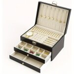 Bote  bijoux - verrouillable - 3 tages - cuir noir - miroir - vintage