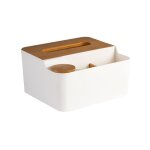 Bo�te � mouchoirs multifonction blanche ? organisateur de bureau en plastique avec couvercle en bois ...